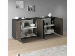 Aparador Coste con 4 puertas efecto cannetè antracita mate y madera oscura 200x43x86 cm