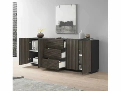 Aparador Coste con 4 puertas y 3 cajones en color antracita mate y madera oscura 220,1x43x86 cm