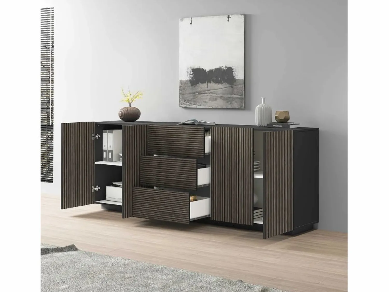 Aparador Coste con 4 puertas y 3 cajones en color antracita mate y madera oscura 220,1x43x86 cm
