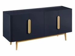 New Aparador de 4 puertas en MDF y madera de caucho - Azul y Natural Claro - DUNELON Aparador