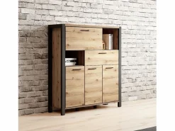 Clearance Meublorama Aparador de 4 puertas y 1 cajón colección TIVORA. Color roble y negro. LED incluidos. Marru00f3n