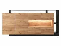 Hot Vente-unique Aparador de 4 puertas y 4 compartimentos con LEDs - Natural claro y Antracita - IDESIA Gris antracita / Color natural claro