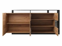 Hot Vente-unique Aparador de 4 puertas y 4 compartimentos con LEDs - Natural claro y Antracita - IDESIA Gris antracita / Color natural claro