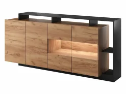Hot Vente-unique Aparador de 4 puertas y 4 compartimentos con LEDs - Natural claro y Antracita - IDESIA Gris antracita / Color natural claro