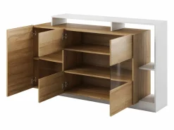 Vente-unique Aparador de 3 puertas y 3 estantes con LEDs - Color: natural y blanco IDESIA