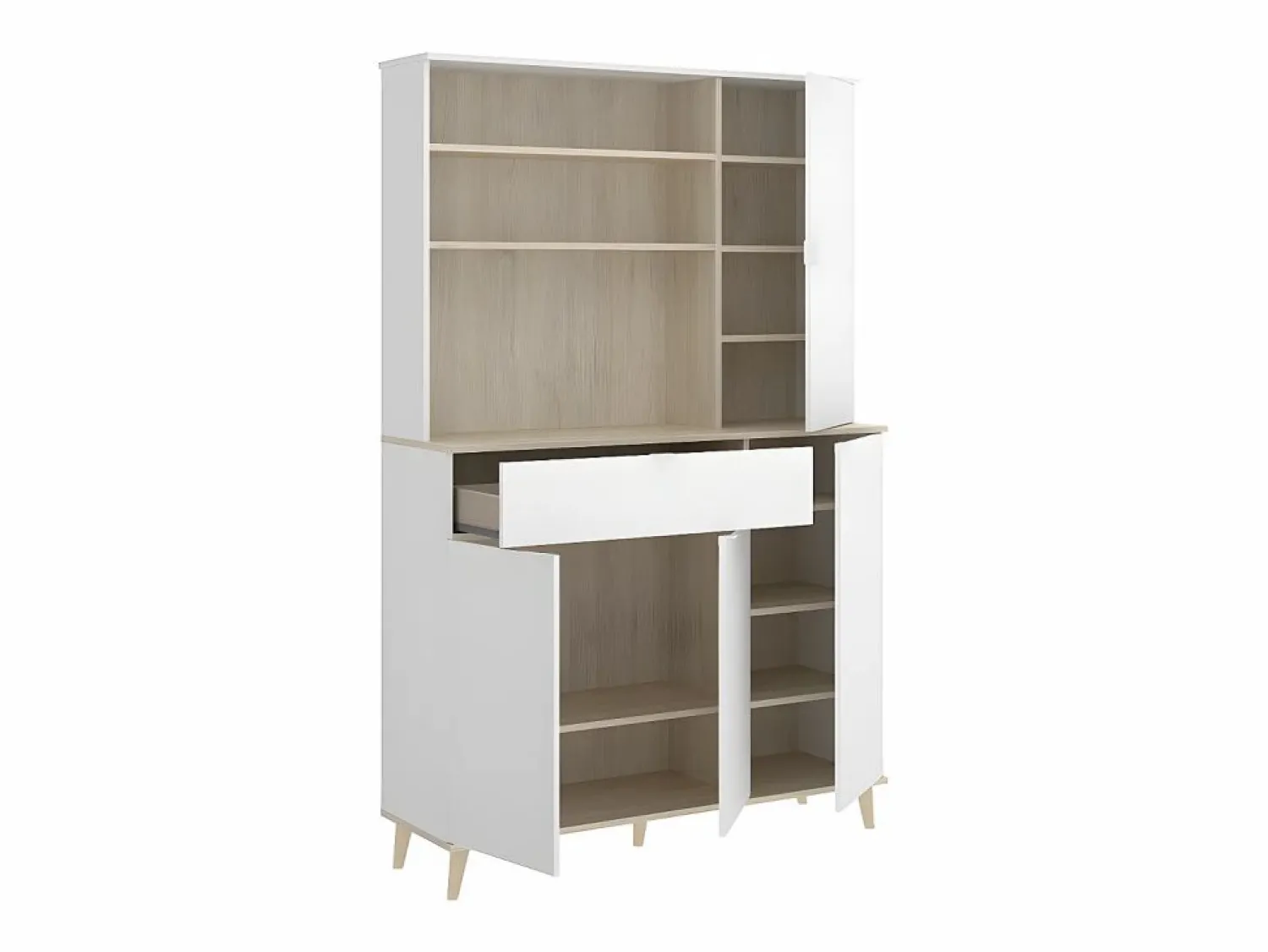New Vente-unique Aparador de cocina - 4 puertas, 1 cajón y 3 estantes - Blanco y roble - WAJDI Color natural claro / Blanco
