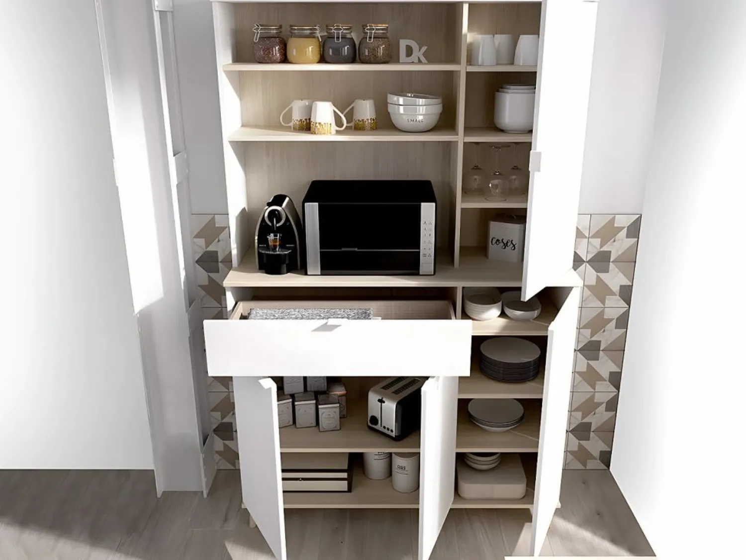 New Vente-unique Aparador de cocina - 4 puertas, 1 cajón y 3 estantes - Blanco y roble - WAJDI Color natural claro / Blanco