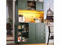 Clearance Aparador de cocina - 120 x 40 x 188 cm - con 4 puertas + LED + portavasos + cajones + estante snack - MDF - Aparador De Cocina