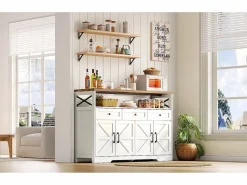Merax Aparador de cocina con 4 puertas - 140 x 95 x 35 cm - armarios con estantes + 3 cajones - MDF -