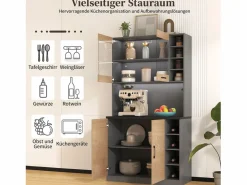 Outlet Aparador de cocina con 4 puertas y compartimentos - 100 x 47 x 187 cm - Madera MDF - LED y canales para cables - Natural + gris Aparador De Cocina