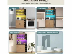 Outlet Aparador de cocina con 4 puertas y compartimentos - 100 x 47 x 187 cm - Madera MDF - LED y canales para cables - Natural + gris Aparador De Cocina