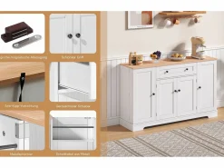 Merax Aparador de cocina con 4 puertas y 1 cajón - 138 x 40 x 85 cm - Madera MDF - Estantes regulables - Natural +