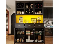 Sale Aparador de cocina con iluminación LED, 3 puertas y 3 cajones - Madera MDF negra Aparador De Cocina