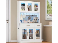 Clearance Aparador de cocina con iluminación LED, toma de corriente, 6 puertas de cristal y 2 cajones - Estantes regulables - Aparador De Cocina