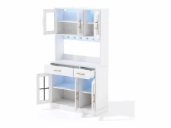 Clearance Aparador de cocina con iluminación LED, toma de corriente, 6 puertas de cristal y 2 cajones - Estantes regulables - Aparador De Cocina