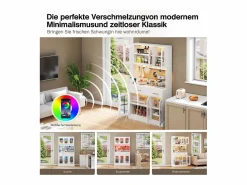 Clearance Aparador de cocina con iluminación LED, toma de corriente, 6 puertas de cristal y 2 cajones - Estantes regulables - Aparador De Cocina