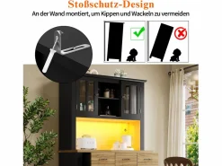 Best Hauss Spole Aparador de cocina con iluminación LED, 3 cajones y 4 puertas - estantes regulables - y madera Negro