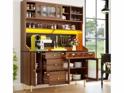 Outlet Hauss Spole Aparador de cocina con iluminación LED, 4 puertas, 3 cajones y botellero - Color nogal Marru00f3n