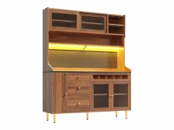 Outlet Hauss Spole Aparador de cocina con iluminación LED, 4 puertas, 3 cajones y botellero - Color nogal Marru00f3n