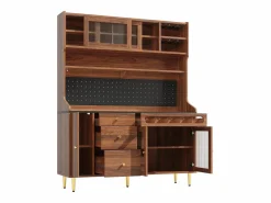 Outlet Hauss Spole Aparador de cocina con iluminación LED, 4 puertas, 3 cajones y botellero - Color nogal Marru00f3n