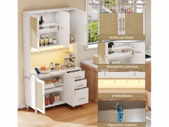 Online Aparador de cocina con LED - 100 x 40 x 183 cm - con USB + enchufes + estantes regulables + 3 cajones - MDF - Aparador De Cocina