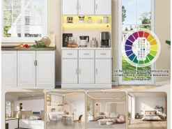 Sale ModernLuxe Aparador de cocina con LED - 6 puertas, 3 cajones y 3 compartimentos abiertos - Blanco