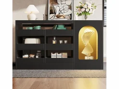Clearance Merax Aparador de cocina con puerta - 120 x 40 x 75 cm - con 6 cajones + LED - MDF - Negro