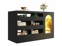 Clearance Merax Aparador de cocina con puerta - 120 x 40 x 75 cm - con 6 cajones + LED - MDF - Negro