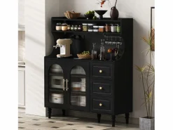 Merax Aparador de cocina con zócalos - 120 x 40 x 138,5 cm - con 3 cajones + botellero + estantes + 2 puertas - MDF -