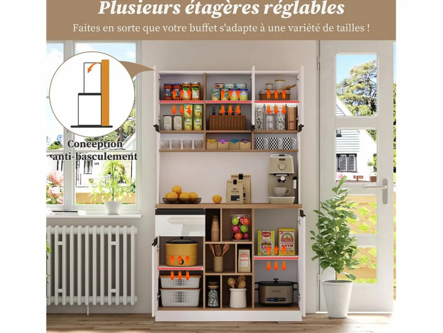 Best Aparador de cocina de 105 x 45 x 185 cm, mueble de almacenaje con estantes ajustables, para salón, color Blanco