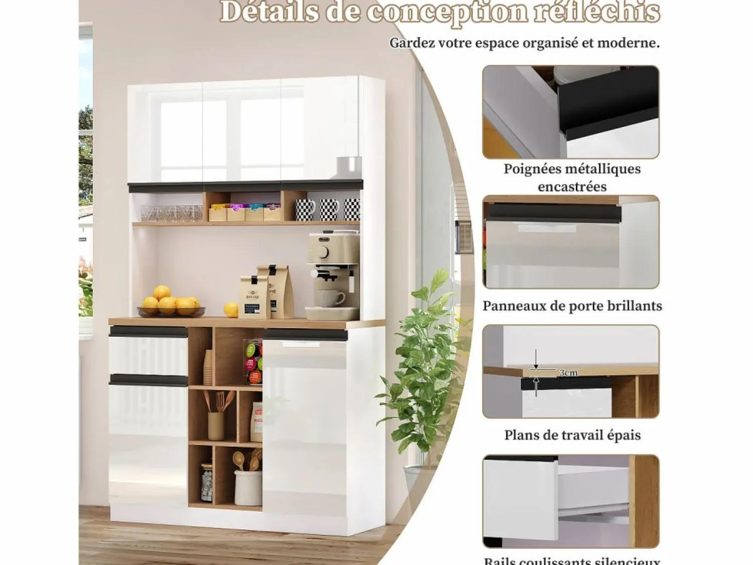 Best Aparador de cocina de 105 x 45 x 185 cm, mueble de almacenaje con estantes ajustables, para salón, color Blanco