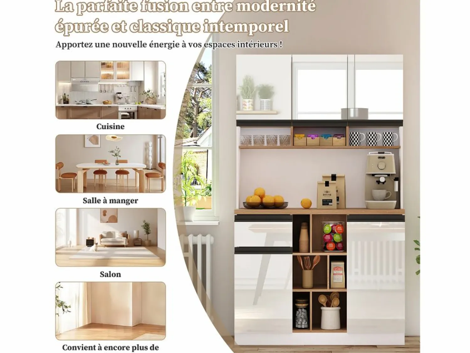 Best Aparador de cocina de 105 x 45 x 185 cm, mueble de almacenaje con estantes ajustables, para salón, color Blanco