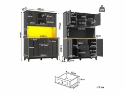 Aparador de cocina de alta calidad - 120 x 40 x 180 cm - con LED + 3 cajones + 4 puertas - MDF - Aparador De Cocina