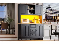 Aparador de cocina de alta calidad - 120 x 40 x 180 cm - con LED + 3 cajones + 4 puertas - MDF - Aparador De Cocina