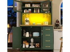 Outlet Merax Aparador de cocina estilo rústico - 105,5 x 40 x 180 cm - con 4 puertas + LED + portavasos + cajones - MDF - Verde