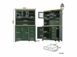 Outlet Merax Aparador de cocina estilo rústico - 105,5 x 40 x 180 cm - con 4 puertas + LED + portavasos + cajones - MDF - Verde