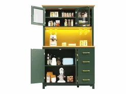 Outlet Merax Aparador de cocina estilo rústico - 105,5 x 40 x 180 cm - con 4 puertas + LED + portavasos + cajones - MDF - Verde