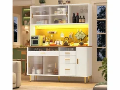 Hot Aparador de cocina moderno - 145 x 24 x 171 cm - con LED + estantes + puertas + 4 cajones - cristal + MDF - Aparador De Cocina