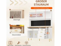 Hot Aparador de cocina moderno - 145 x 24 x 171 cm - con LED + estantes + puertas + 4 cajones - cristal + MDF - Aparador De Cocina