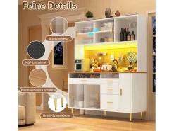 Hot Aparador de cocina moderno - 145 x 24 x 171 cm - con LED + estantes + puertas + 4 cajones - cristal + MDF - Aparador De Cocina