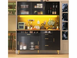 Merax Aparador de cocina moderno - 145 x 24 x 171 cm - con LED + estantes + puertas + 4 cajones - vidrio + MDF -