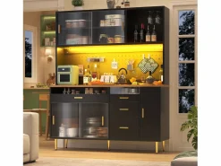 Merax Aparador de cocina moderno - 145 x 24 x 171 cm - con LED + estantes + puertas + 4 cajones - vidrio + MDF -