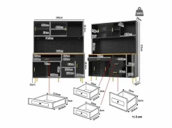 Merax Aparador de cocina moderno - 145 x 24 x 171 cm - con LED + estantes + puertas + 4 cajones - vidrio + MDF -