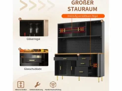 Merax Aparador de cocina moderno - 145 x 24 x 171 cm - con LED + estantes + puertas + 4 cajones - vidrio + MDF -