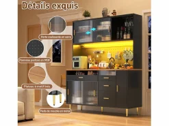 Merax Aparador de cocina moderno - 145 x 24 x 171 cm - con LED + estantes + puertas + 4 cajones - vidrio + MDF -