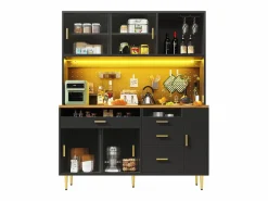 Merax Aparador de cocina moderno - 145 x 24 x 171 cm - con LED + estantes + puertas + 4 cajones - vidrio + MDF -