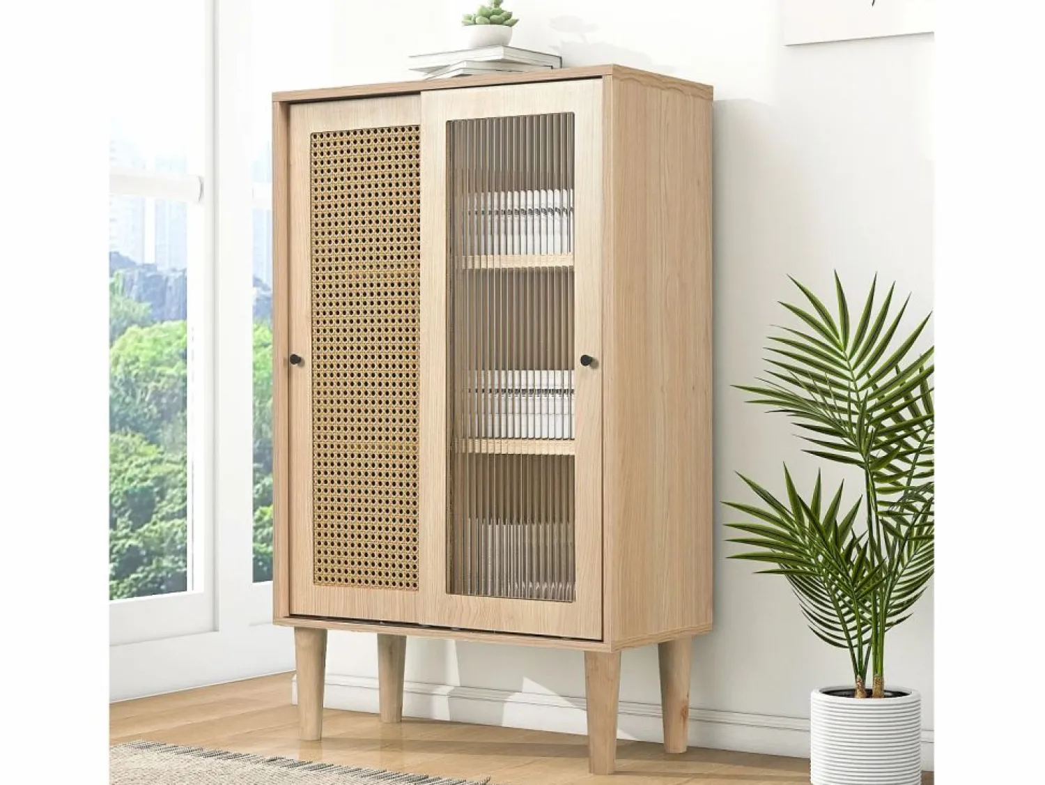 Online Aparador de cocina 60x40x100cm, 2 puertas correderas respectivamente en cristal y ratán Aparador De Cocina