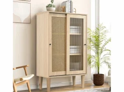 Online Aparador de cocina 60x40x100cm, 2 puertas correderas respectivamente en cristal y ratán Aparador De Cocina