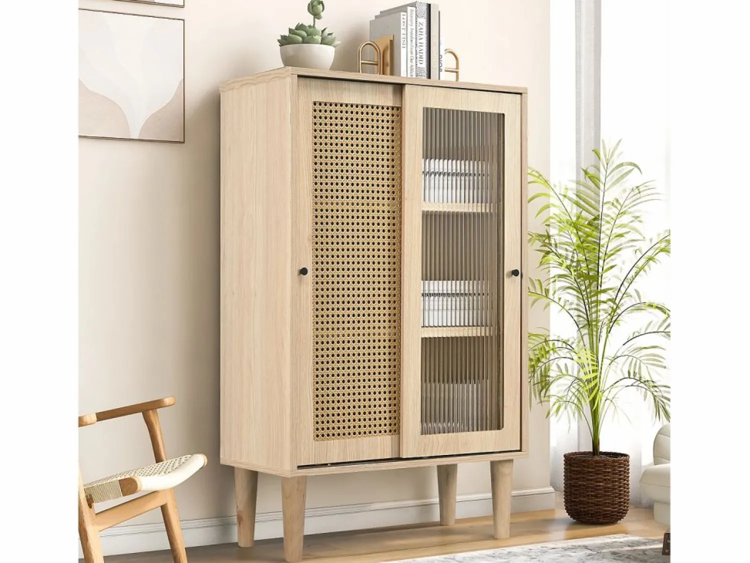 Online Aparador de cocina 60x40x100cm, 2 puertas correderas respectivamente en cristal y ratán Aparador De Cocina