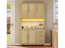Clearance Hauss Spole Aparador de cocina 100x40x183cm con 5 puertas de ratán y 3 cajones, LED y puerto USB incluido, cuerpo natural Color natural claro